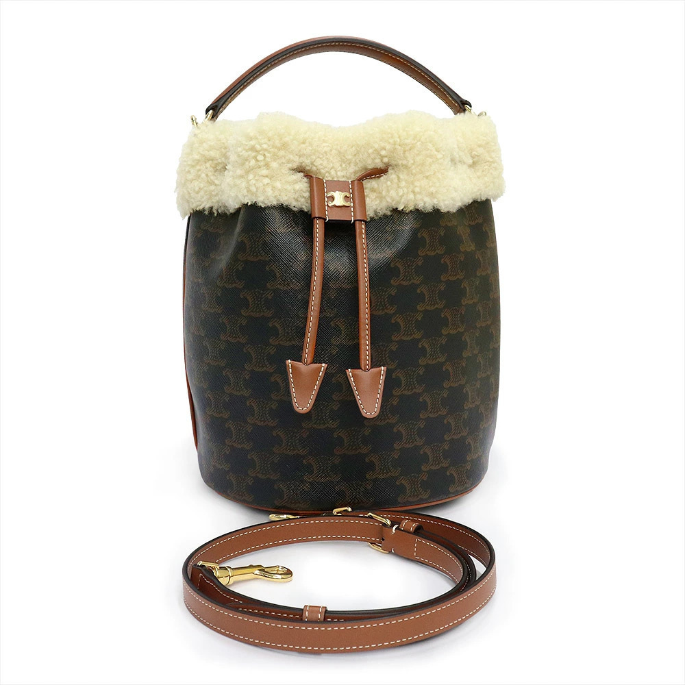Celine Shearling Triomphe Handbag Brown Bucket Clara Tan Shoulder Crossbody
